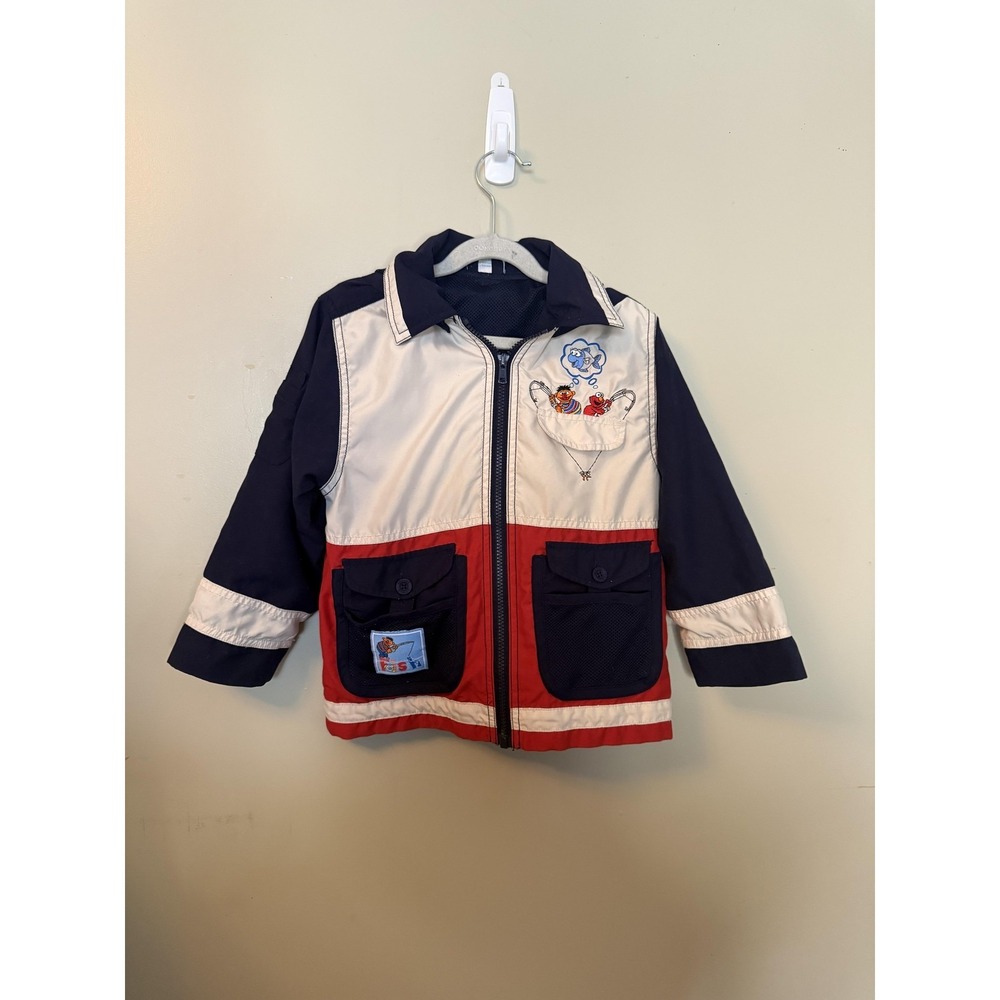 Vintage Sesame Street Windbreaker Boys 4 Blue Colorblock Hooded Lined 90s